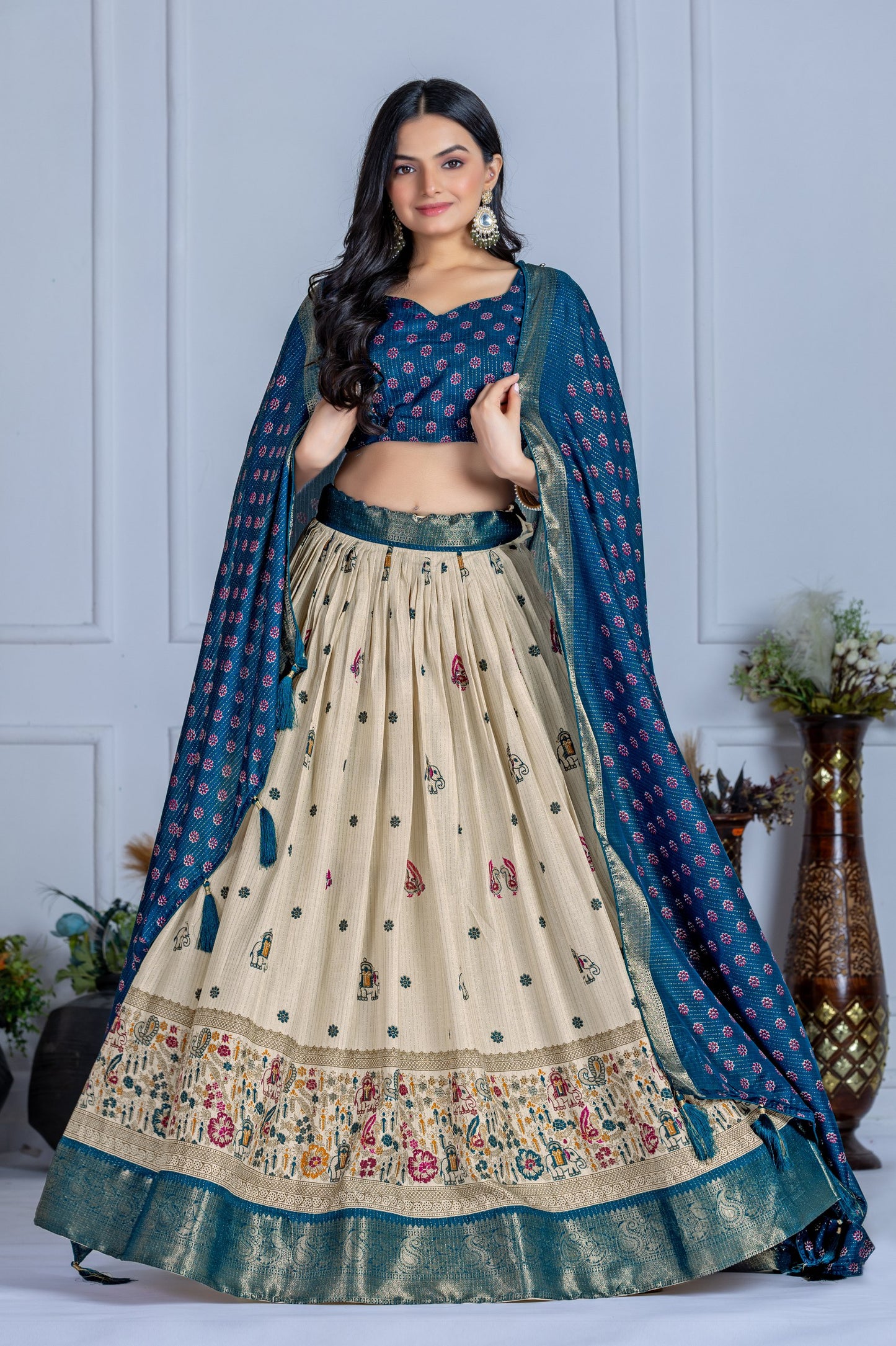 Royal Blue Printed Silk Lehenga Choli with Beige Elephant Motif Flair