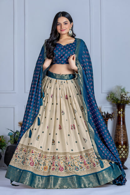 Royal Blue Printed Silk Lehenga Choli with Beige Elephant Motif Flair