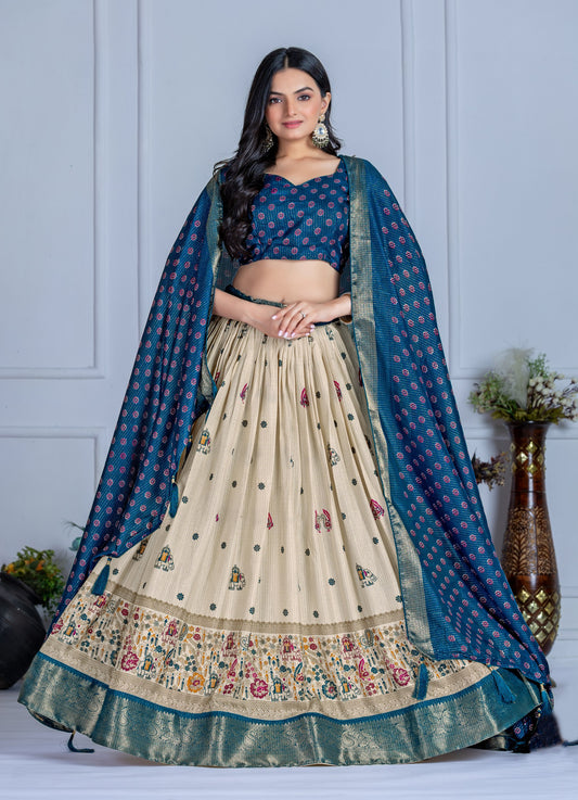 Royal Blue Printed Silk Lehenga Choli with Beige Elephant Motif Flair