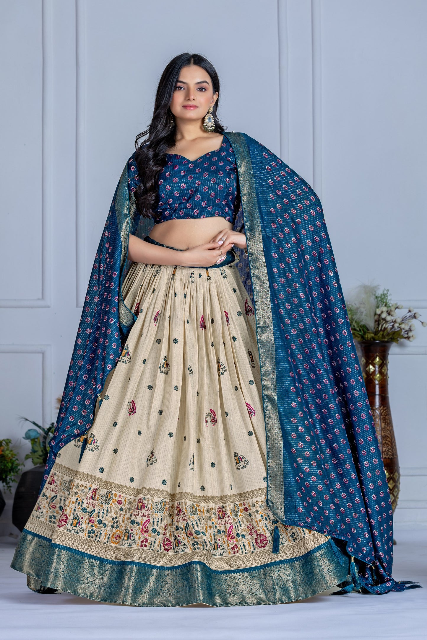 Royal Blue Printed Silk Lehenga Choli with Beige Elephant Motif Flair