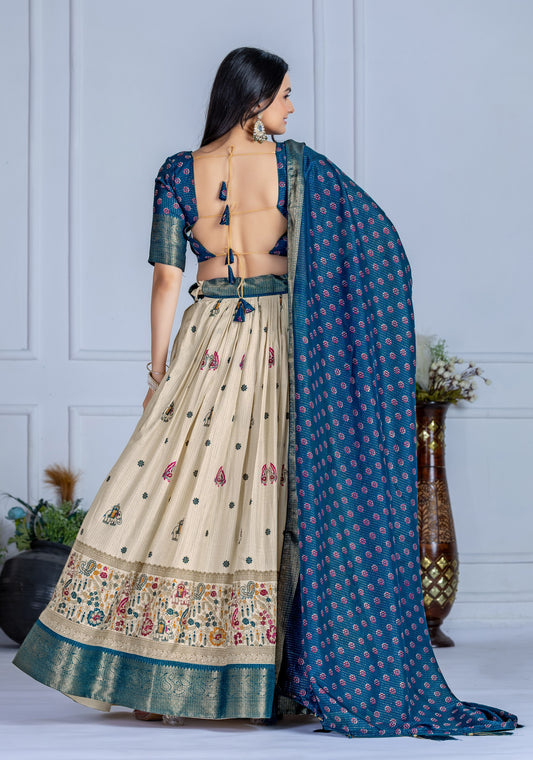 Royal Blue Printed Silk Lehenga Choli with Beige Elephant Motif Flair