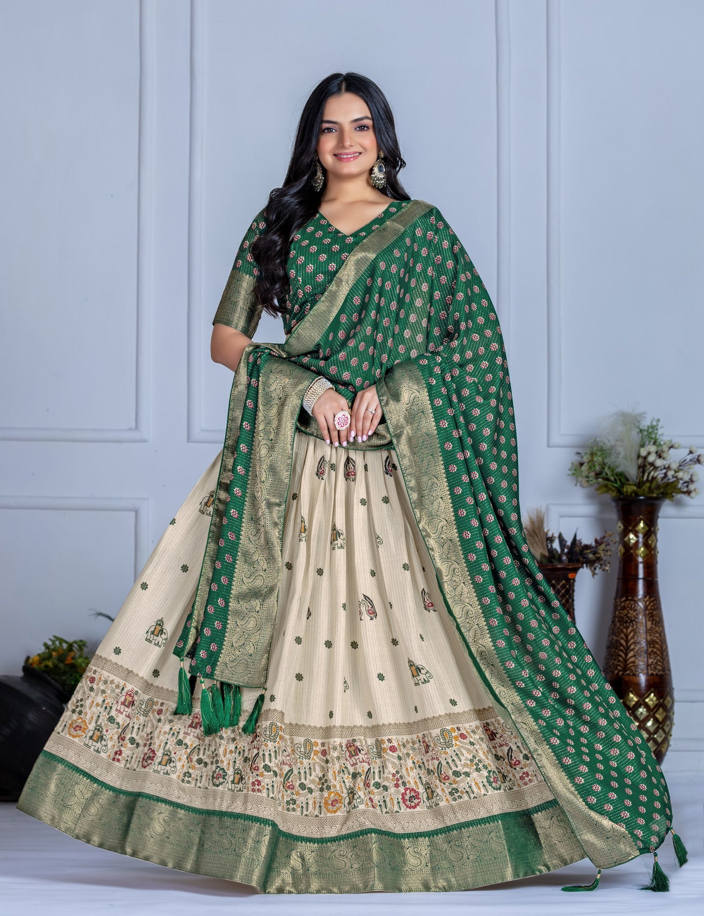 Traditional Green and Cream Embroidered Lehenga Choli with Banarasi Dupatta & Zari Border – Ethnic Festive Wear for Women