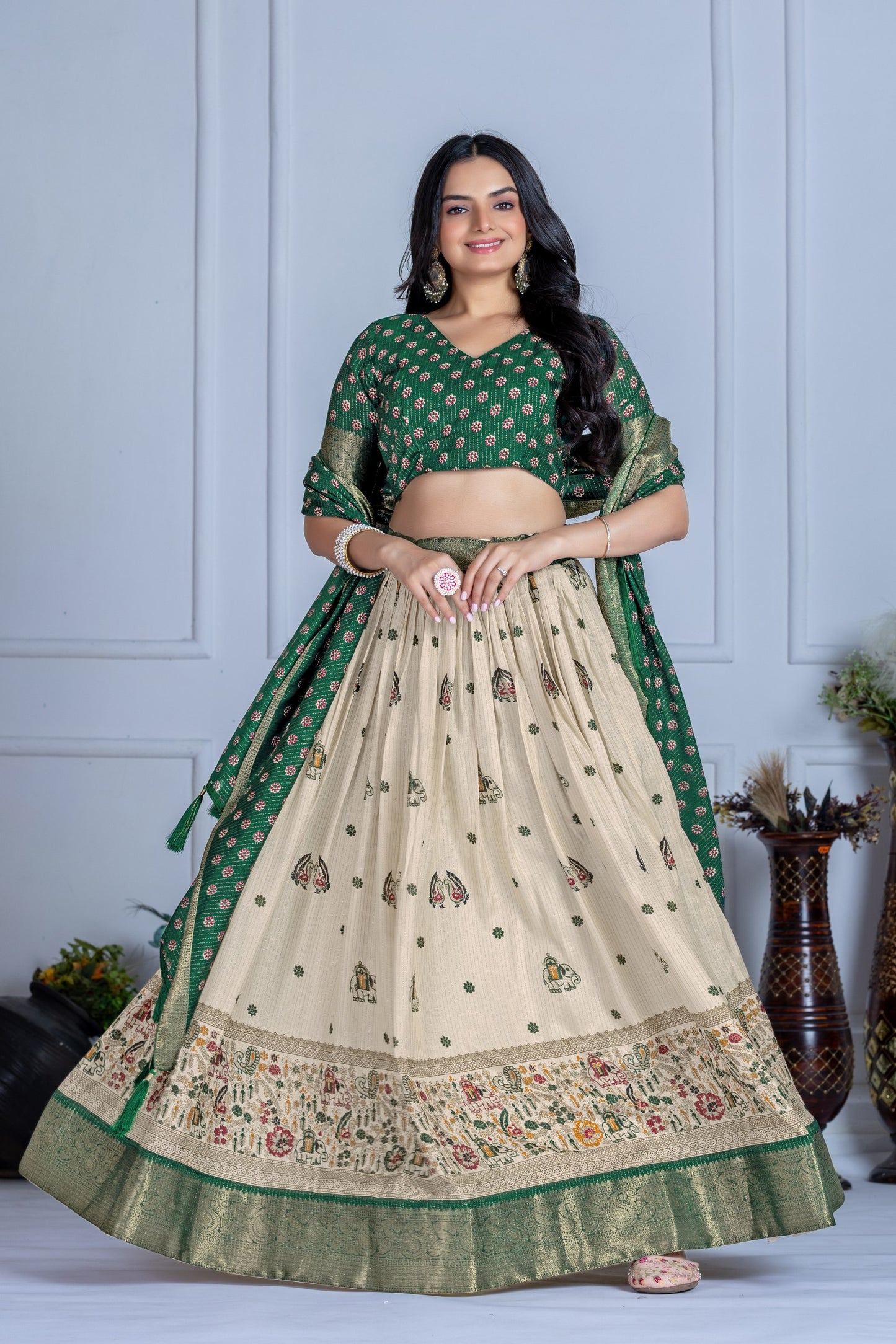Traditional Green and Cream Embroidered Lehenga Choli with Banarasi Dupatta & Zari Border – Ethnic Festive Wear for Women