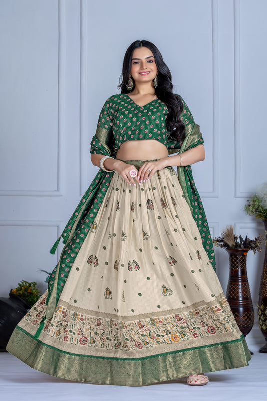 Traditional Green and Cream Embroidered Lehenga Choli with Banarasi Dupatta & Zari Border – Ethnic Festive Wear for Women
