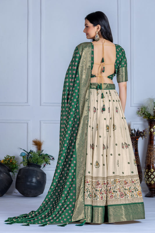 Traditional Green and Cream Embroidered Lehenga Choli with Banarasi Dupatta & Zari Border – Ethnic Festive Wear for Women