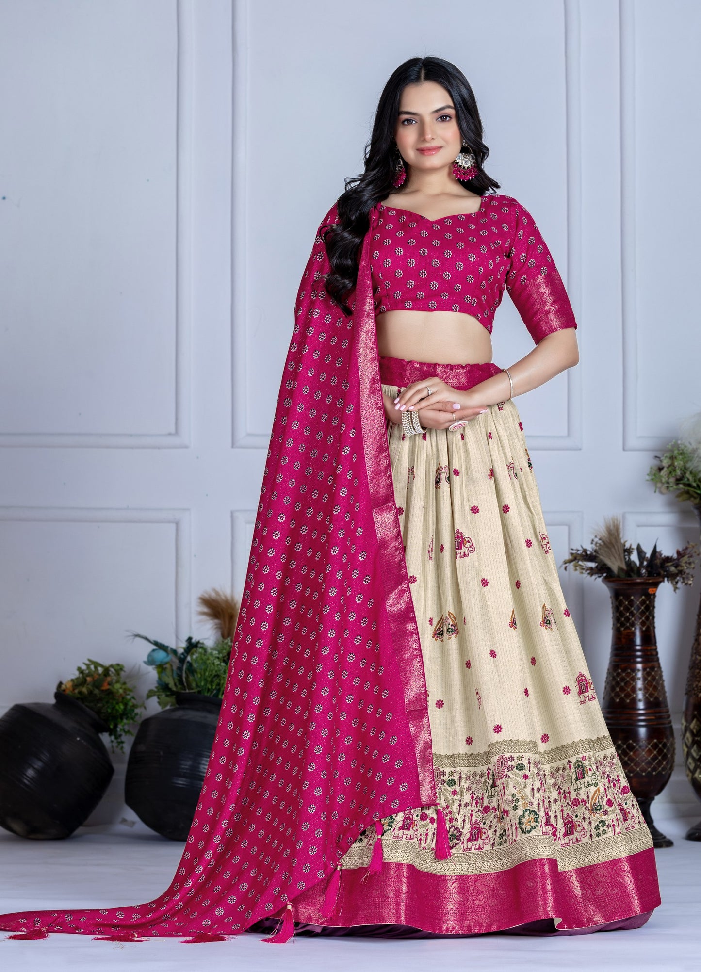 Elegant Pink and Cream Embroidered Lehenga Choli with Banarasi Dupatta & Zari Border – Festive & Wedding Wear