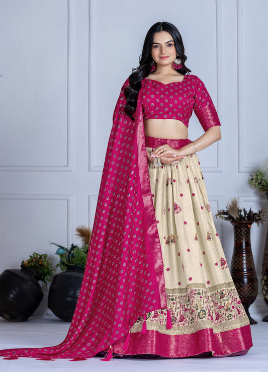 Elegant Pink and Cream Embroidered Lehenga Choli with Banarasi Dupatta & Zari Border – Festive & Wedding Wear