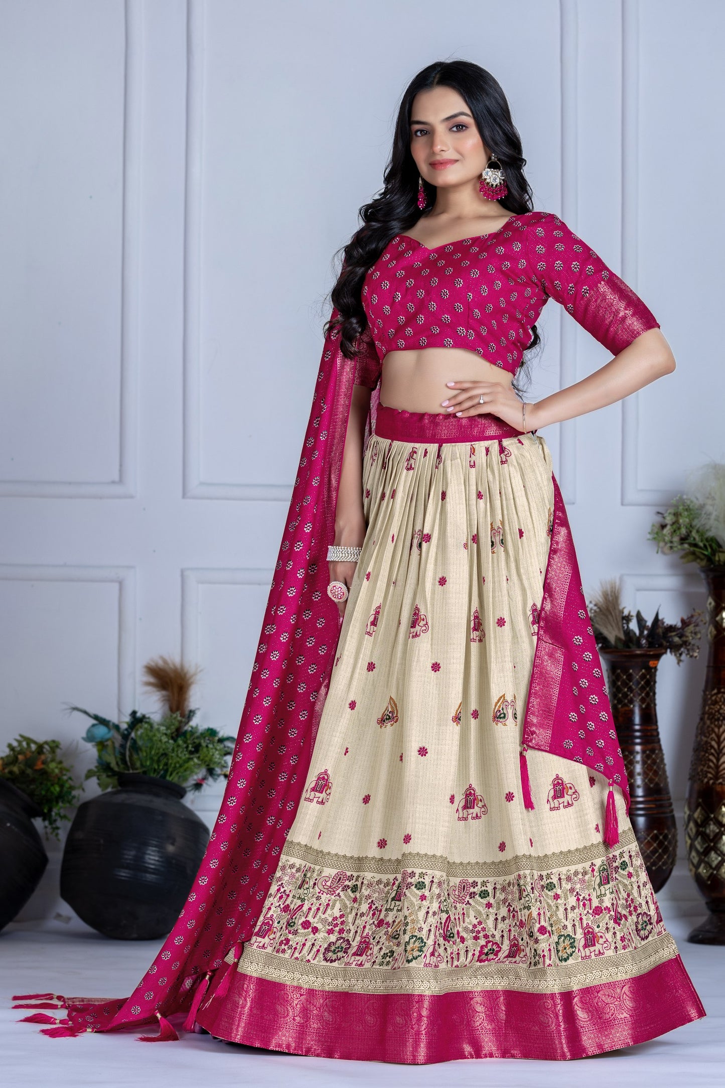 Elegant Pink and Cream Embroidered Lehenga Choli with Banarasi Dupatta & Zari Border – Festive & Wedding Wear