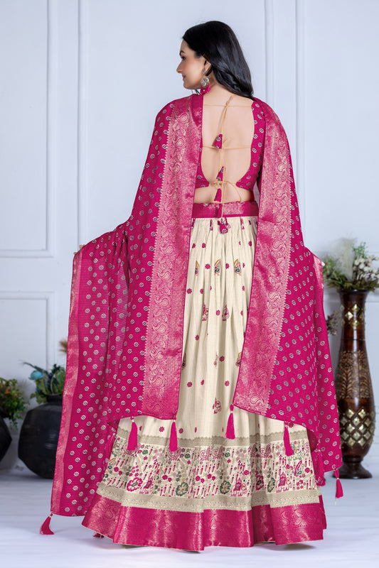 Elegant Pink and Cream Embroidered Lehenga Choli with Banarasi Dupatta & Zari Border – Festive & Wedding Wear