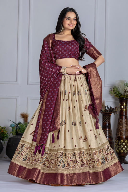 Elegant Wine Maroon & Cream Embroidered Lehenga Choli with Banarasi Dupatta for Women – Wedding & Festive Wear