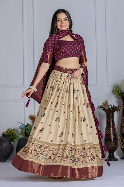 Elegant Wine Maroon & Cream Embroidered Lehenga Choli with Banarasi Dupatta for Women – Wedding & Festive Wear
