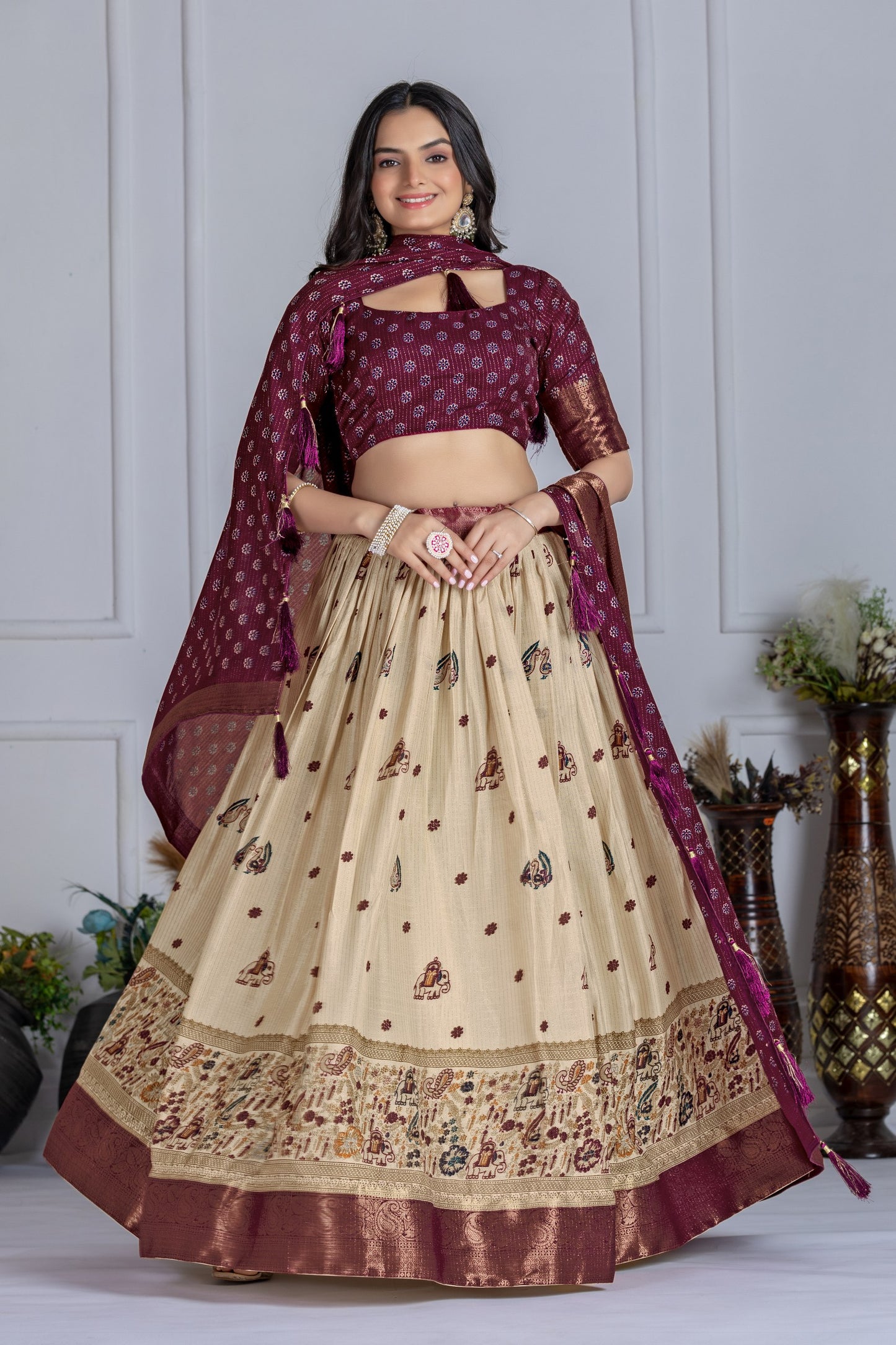 Elegant Wine Maroon & Cream Embroidered Lehenga Choli with Banarasi Dupatta for Women – Wedding & Festive Wear