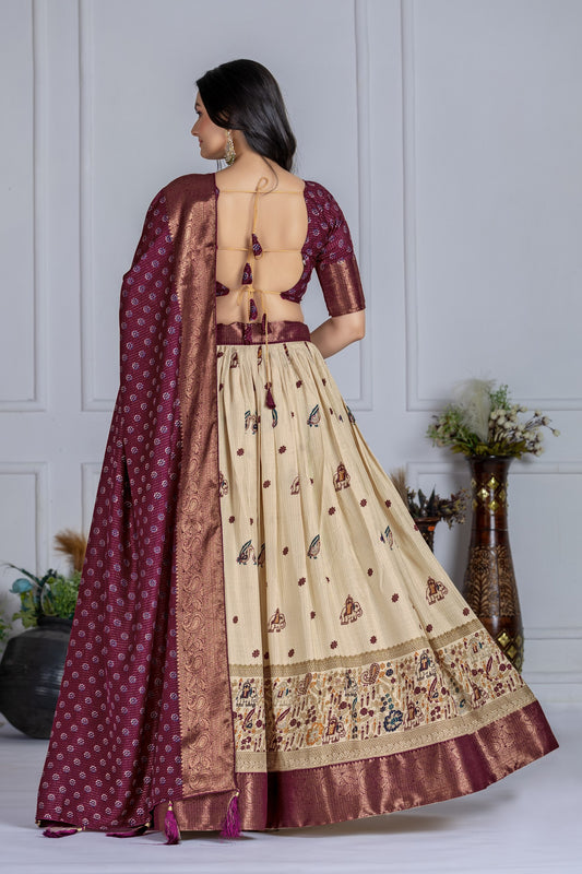 Elegant Wine Maroon & Cream Embroidered Lehenga Choli with Banarasi Dupatta for Women – Wedding & Festive Wear