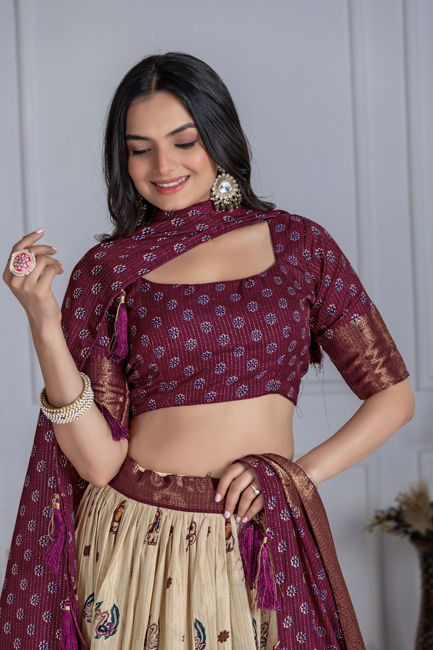 Elegant Wine Maroon & Cream Embroidered Lehenga Choli with Banarasi Dupatta for Women – Wedding & Festive Wear