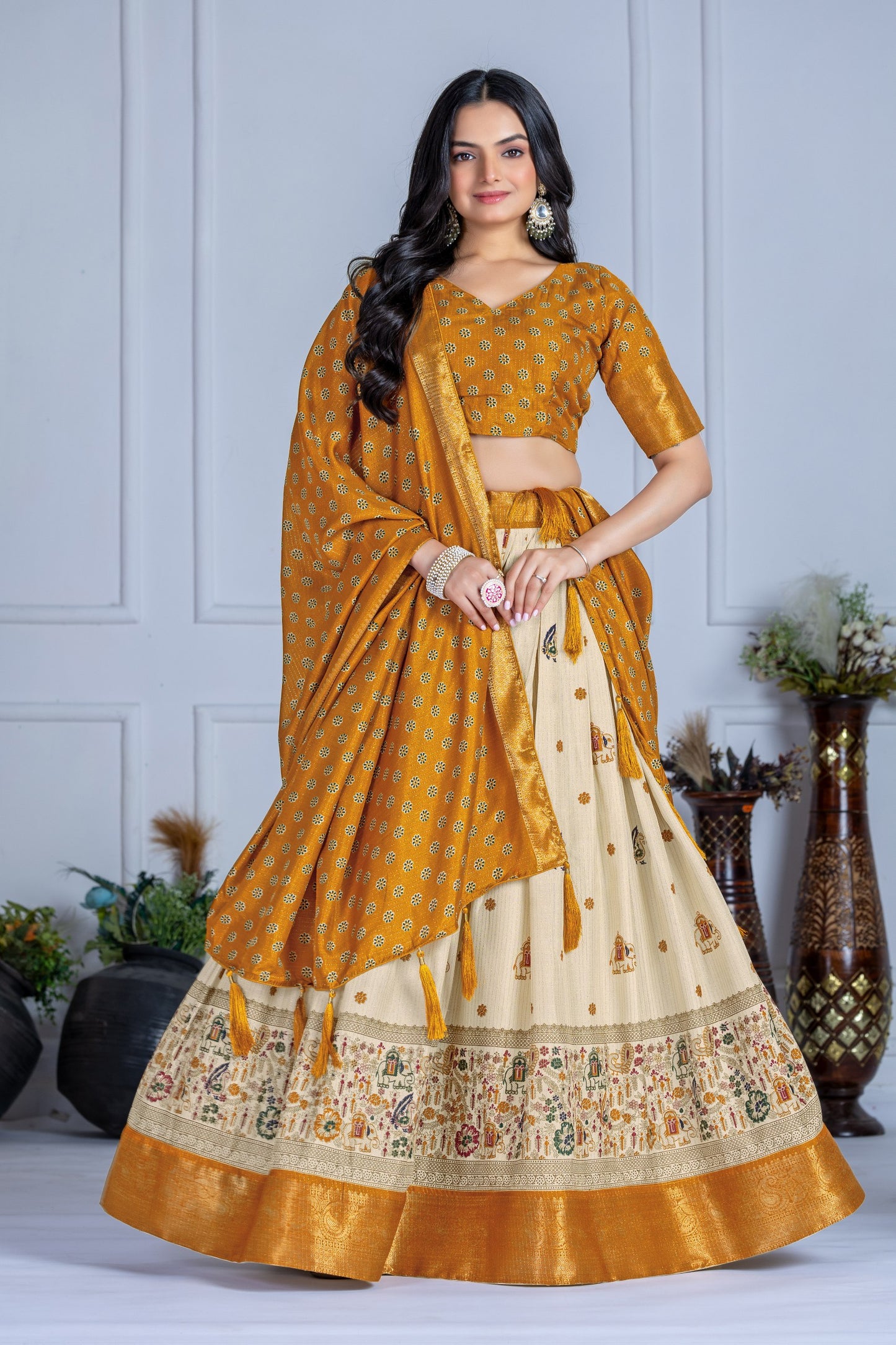 "Elegant Mustard Yellow and Cream Embroidered Lehenga Choli with Banarasi Border"