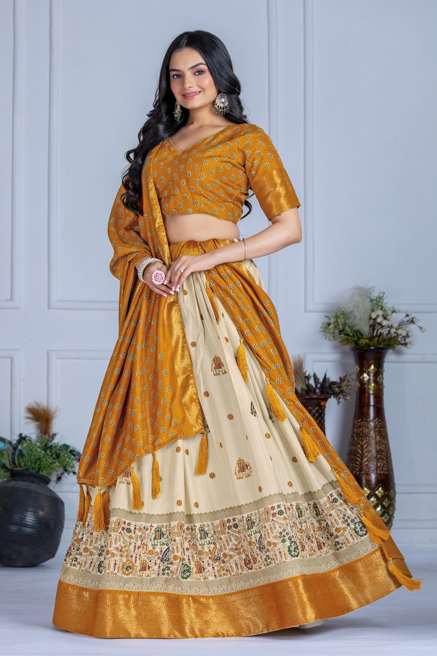 "Elegant Mustard Yellow and Cream Embroidered Lehenga Choli with Banarasi Border"