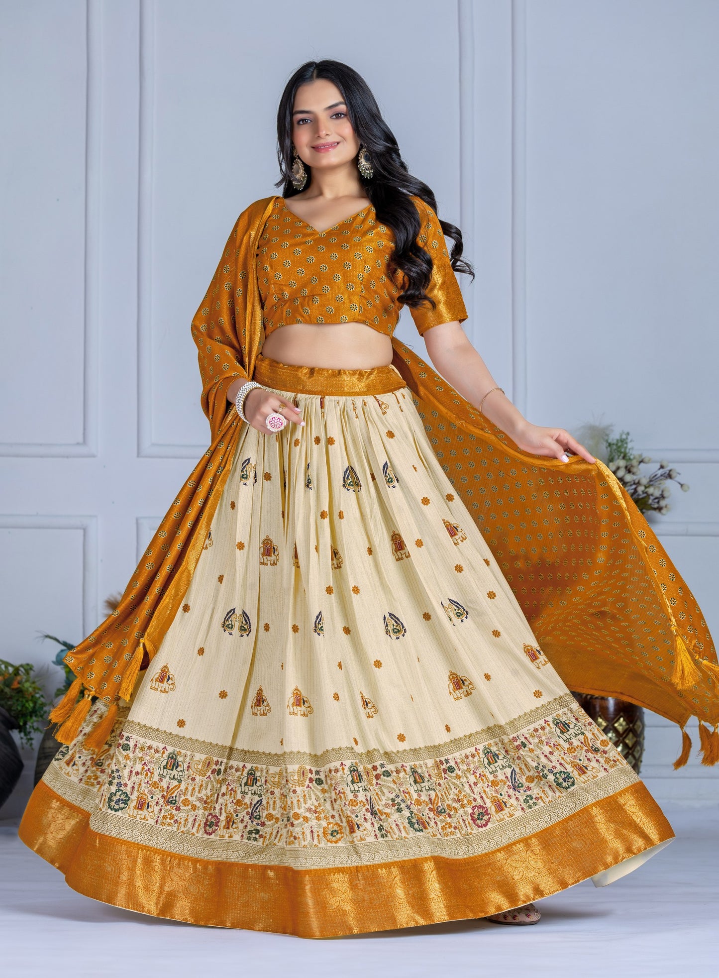 "Elegant Mustard Yellow and Cream Embroidered Lehenga Choli with Banarasi Border"
