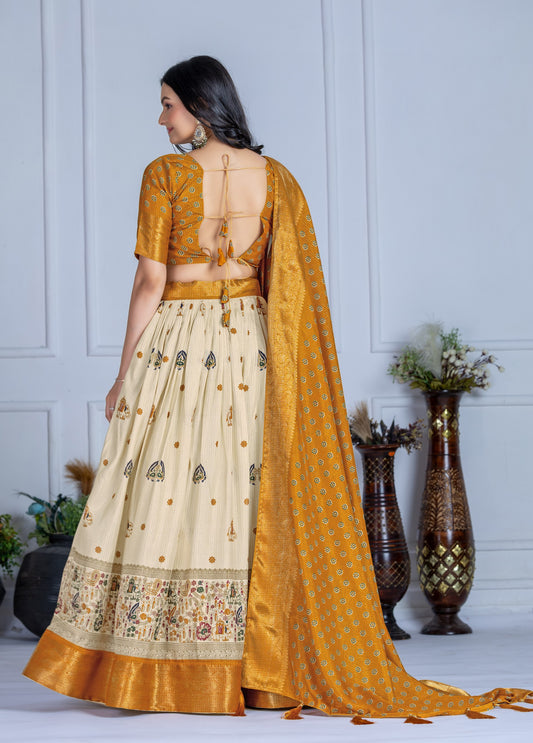 "Elegant Mustard Yellow and Cream Embroidered Lehenga Choli with Banarasi Border"