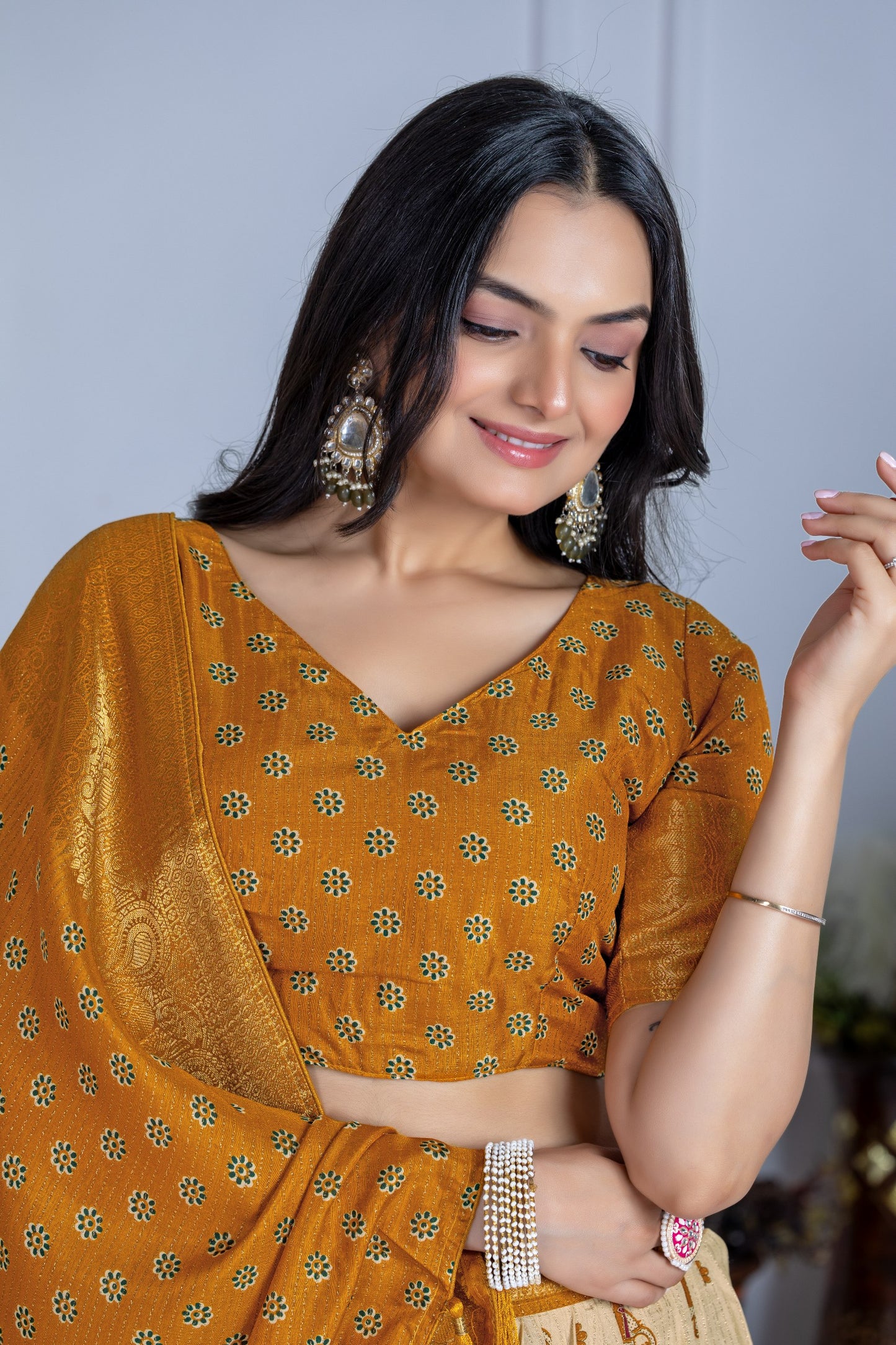 "Elegant Mustard Yellow and Cream Embroidered Lehenga Choli with Banarasi Border"