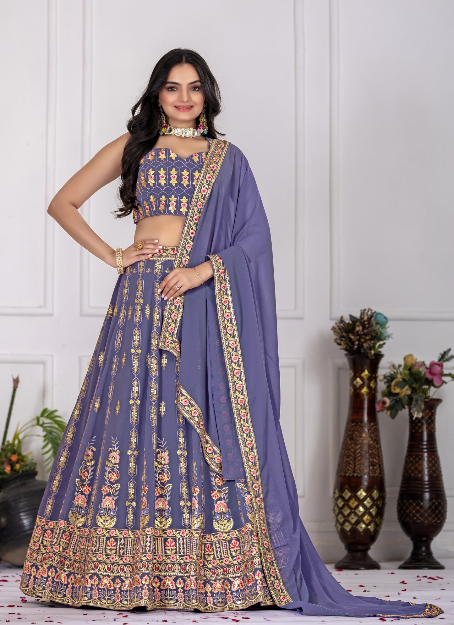 Royal Purple Floral Embroidered Lehenga Choli with Dupatta