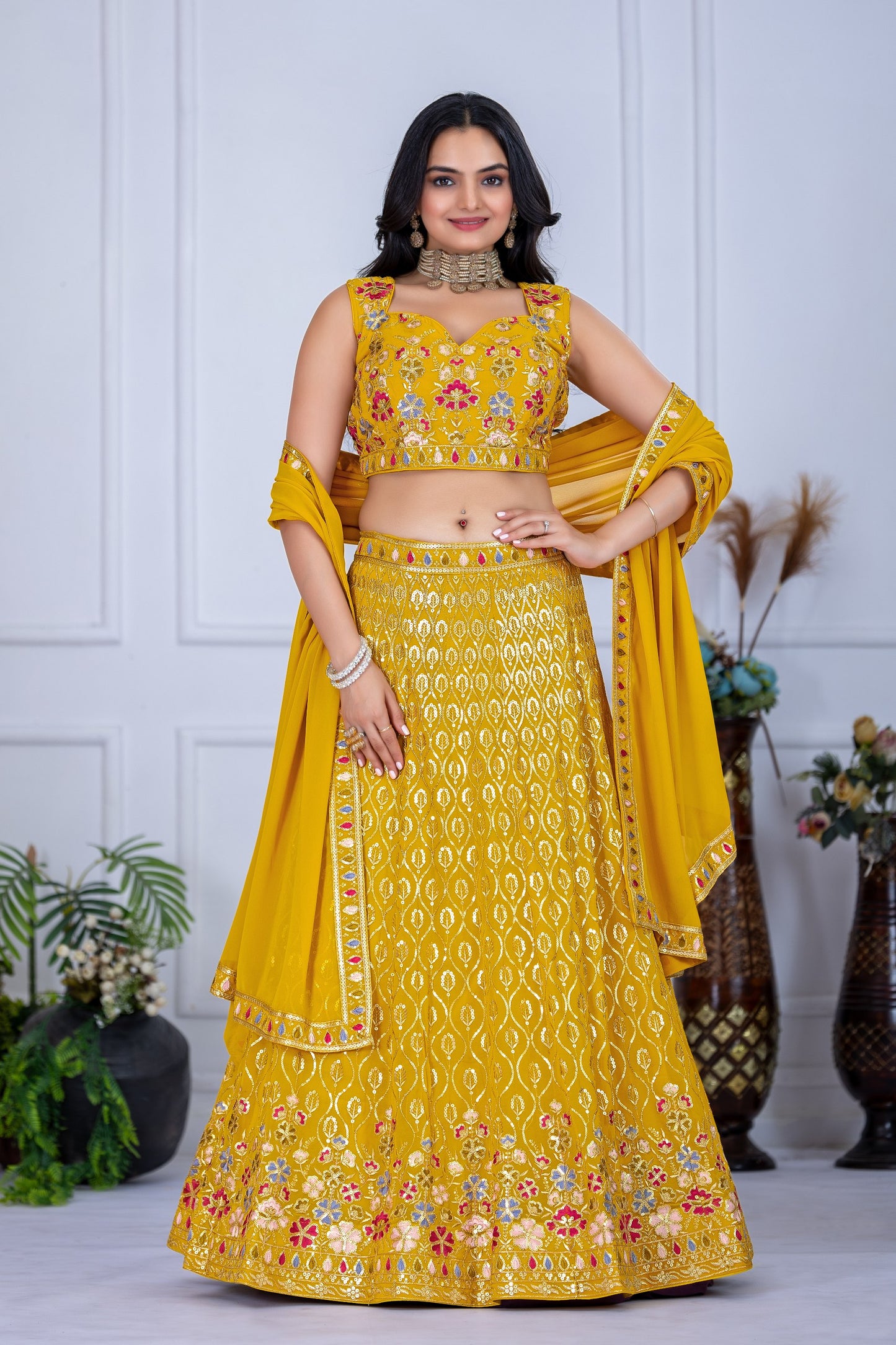 Sunshine Yellow Thread Embroidered Festival Lehenga Choli with Dupatta