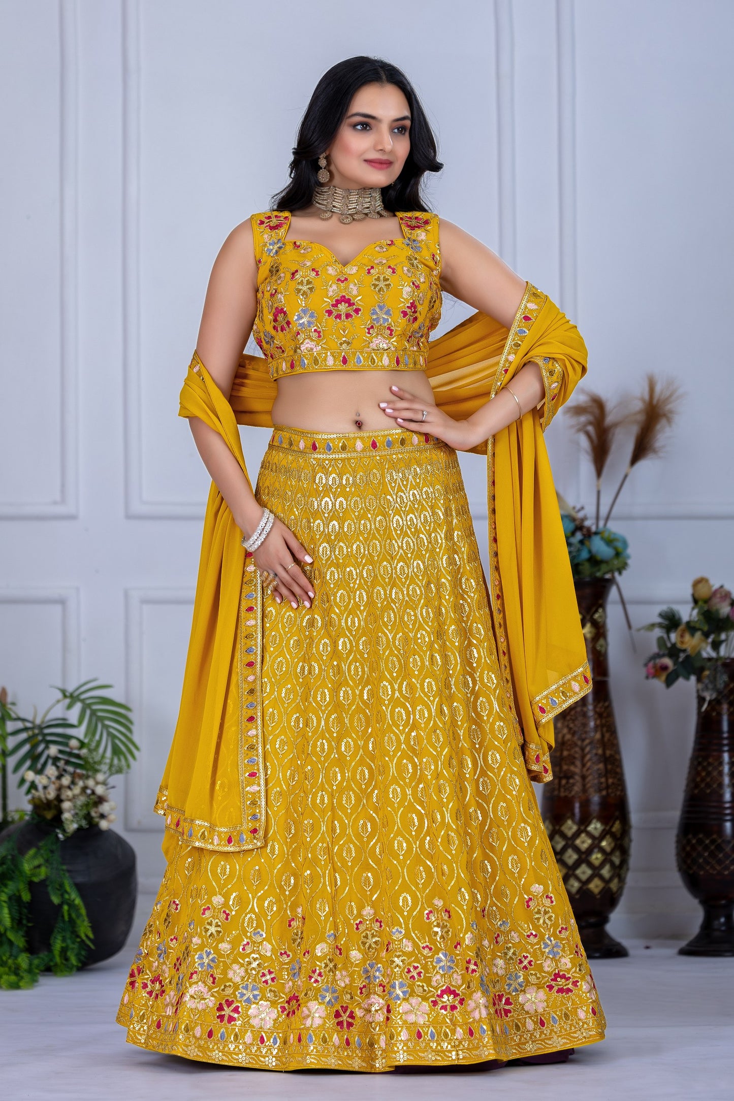 Sunshine Yellow Thread Embroidered Festival Lehenga Choli with Dupatta