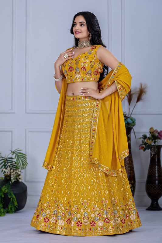 Sunshine Yellow Thread Embroidered Festival Lehenga Choli with Dupatta