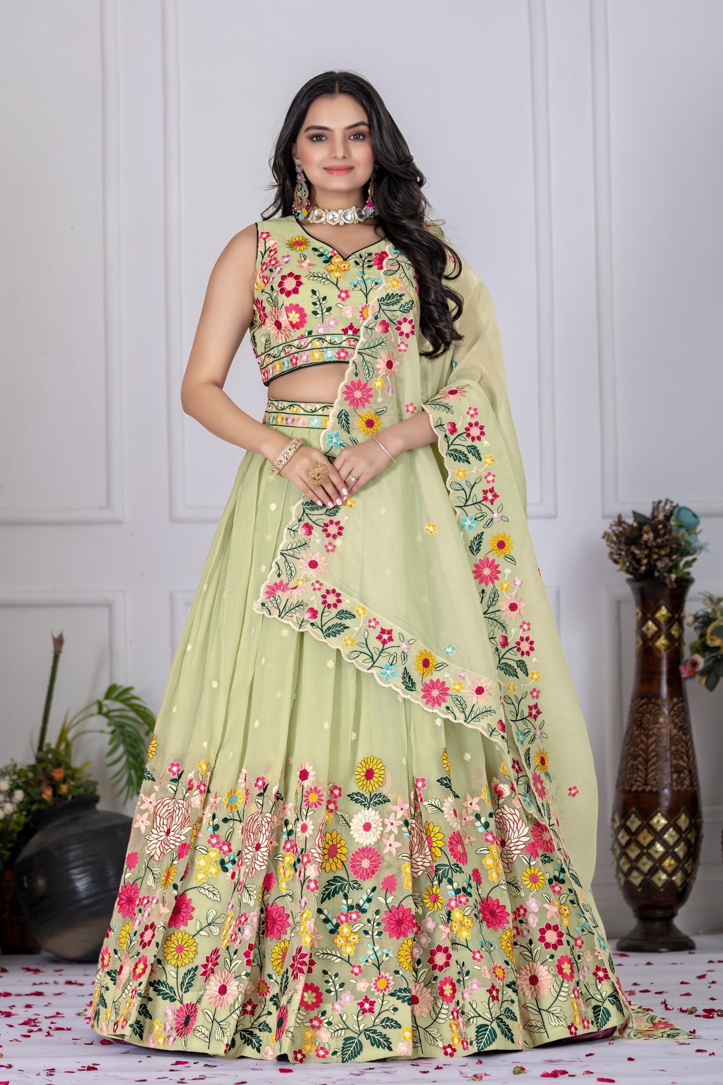 Pastel Pink Floral Embroidered Georgette Lehenga Choli Set
