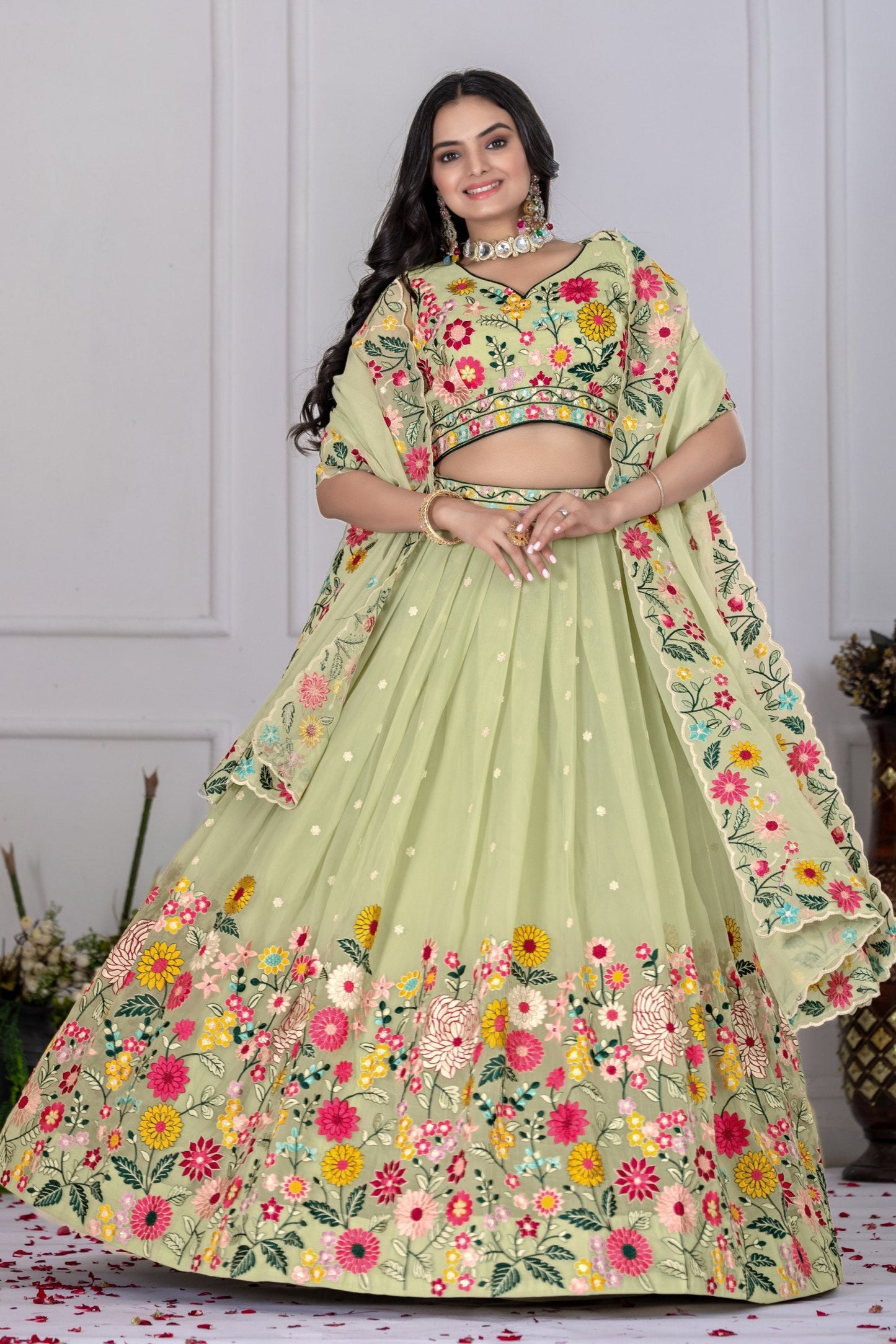 Pastel Pink Floral Embroidered Georgette Lehenga Choli Set