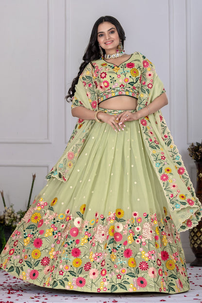 Pastel Pink Floral Embroidered Georgette Lehenga Choli Set