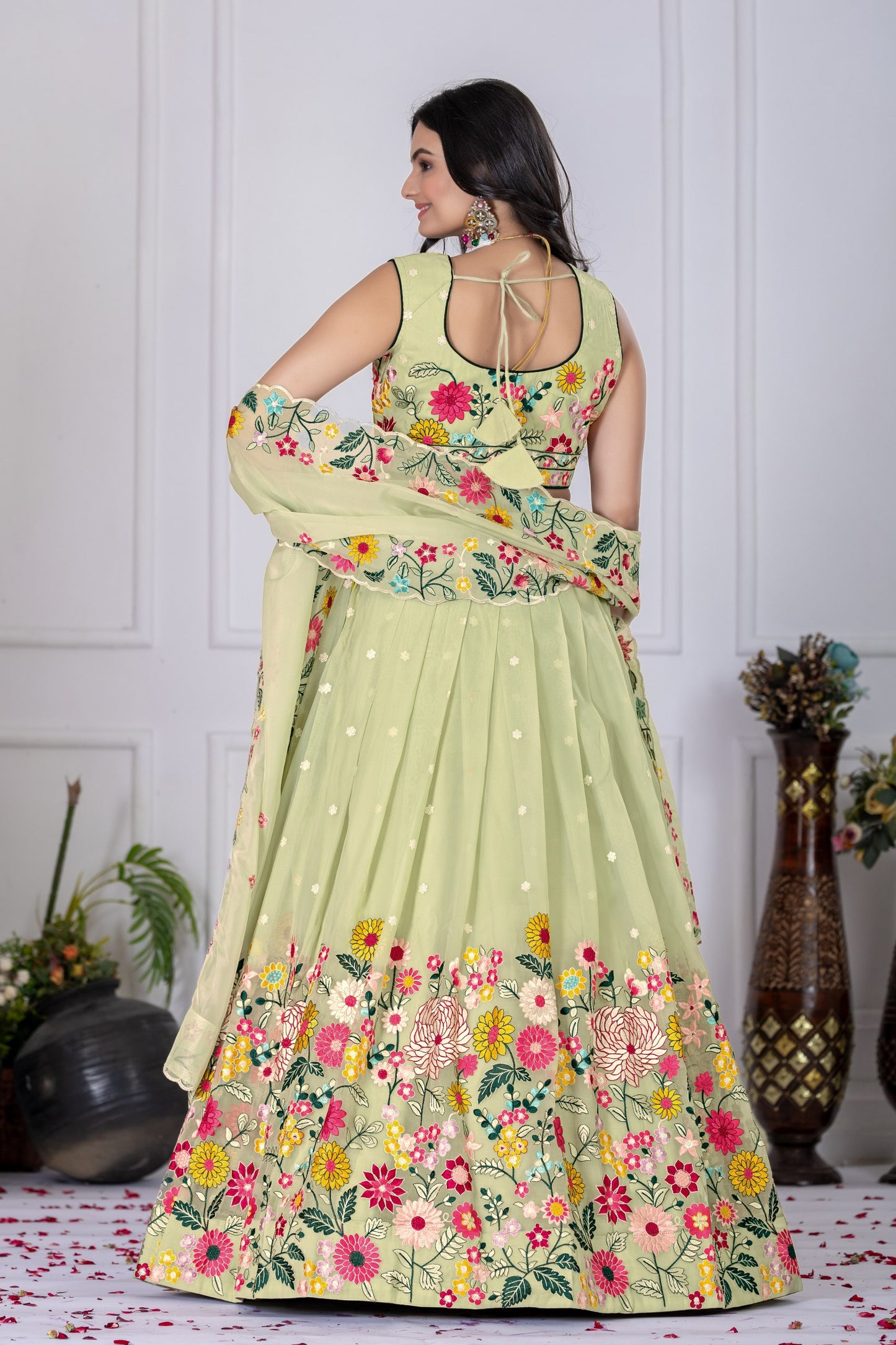 Pastel Pink Floral Embroidered Georgette Lehenga Choli Set