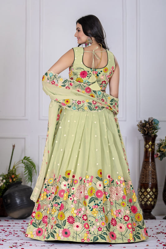 Pastel Pink Floral Embroidered Georgette Lehenga Choli Set
