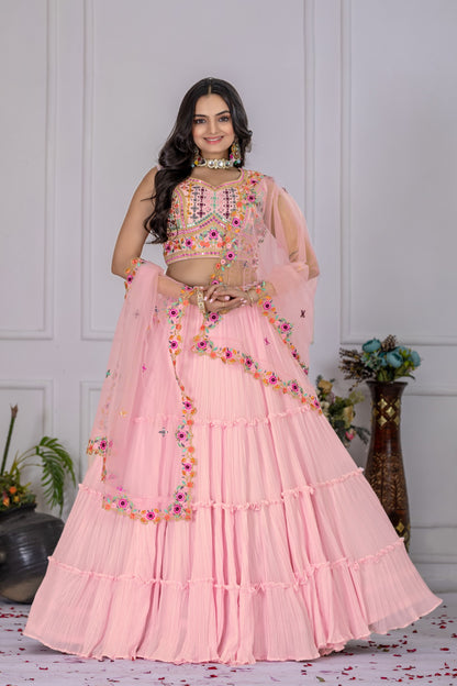 “Pastel Pink Mirror & Thread Embroidered Georgette Lehenga Choli with Dupatta”