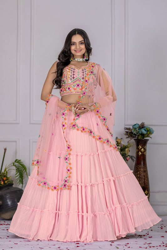 “Pastel Pink Mirror & Thread Embroidered Georgette Lehenga Choli with Dupatta”