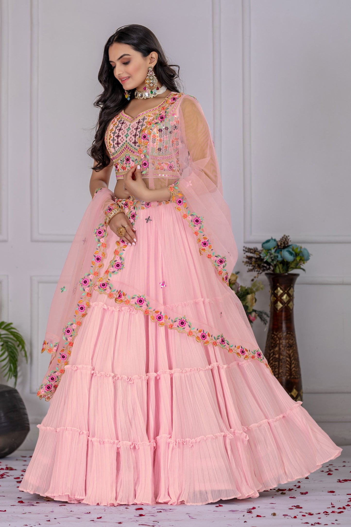 “Pastel Pink Mirror & Thread Embroidered Georgette Lehenga Choli with Dupatta”