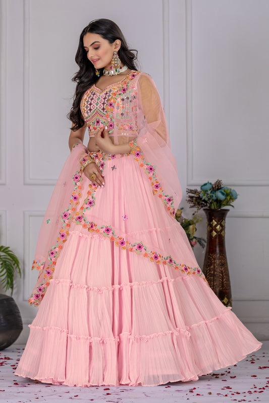“Pastel Pink Mirror & Thread Embroidered Georgette Lehenga Choli with Dupatta”