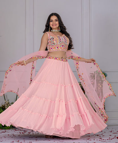 “Pastel Pink Mirror & Thread Embroidered Georgette Lehenga Choli with Dupatta”