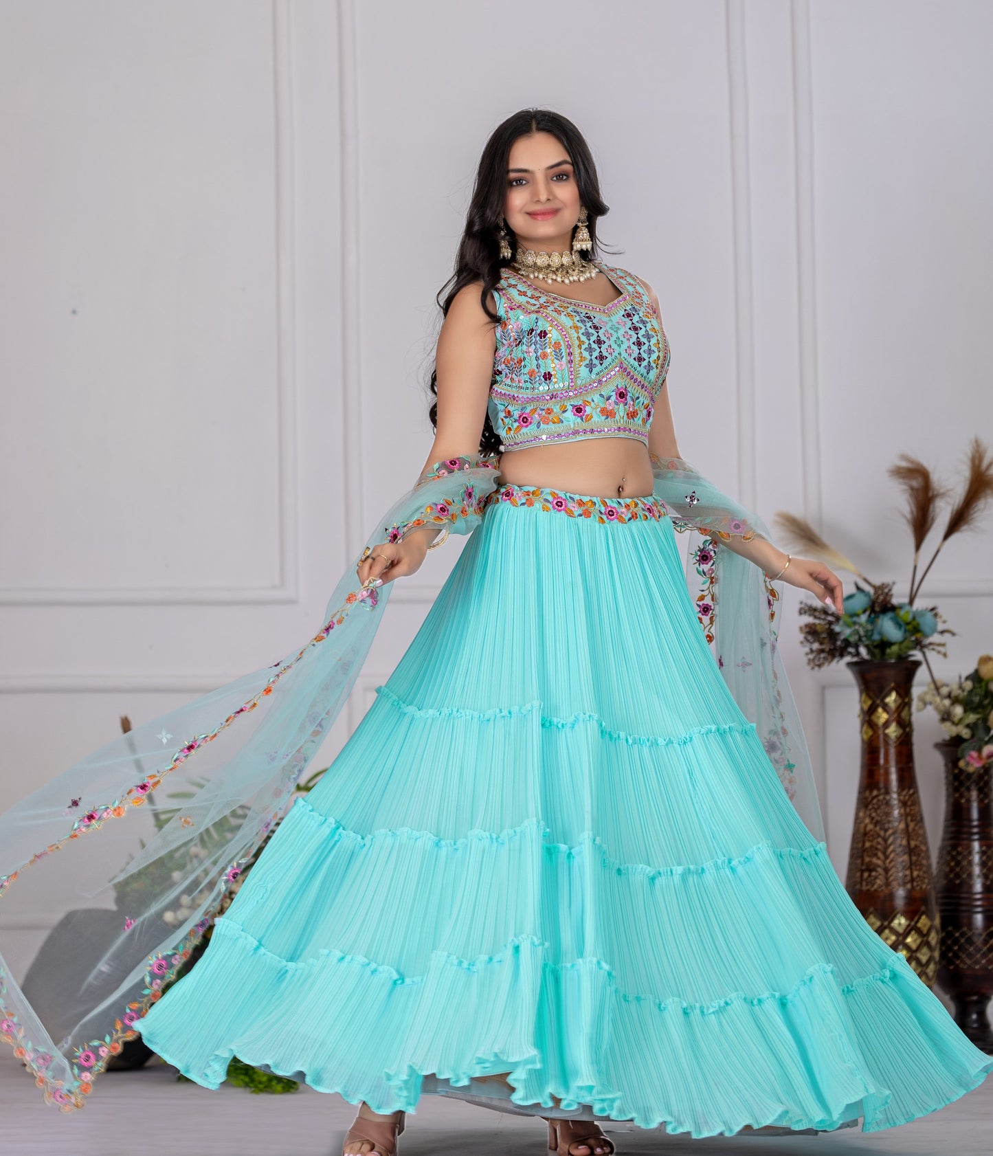 "Sky Blue Embroidered Pleated Lehenga Choli with Floral Net Dupatta for Women"