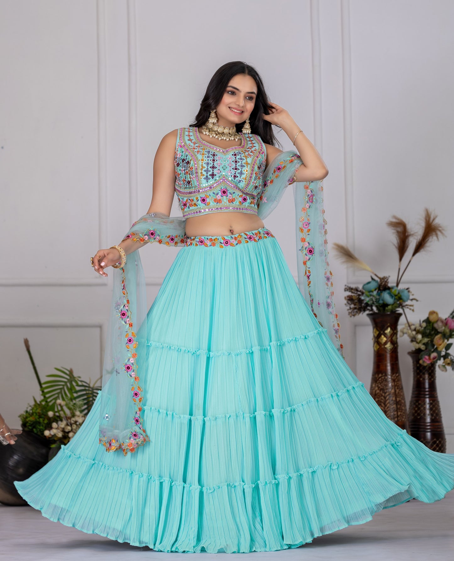 "Sky Blue Embroidered Pleated Lehenga Choli with Floral Net Dupatta for Women"
