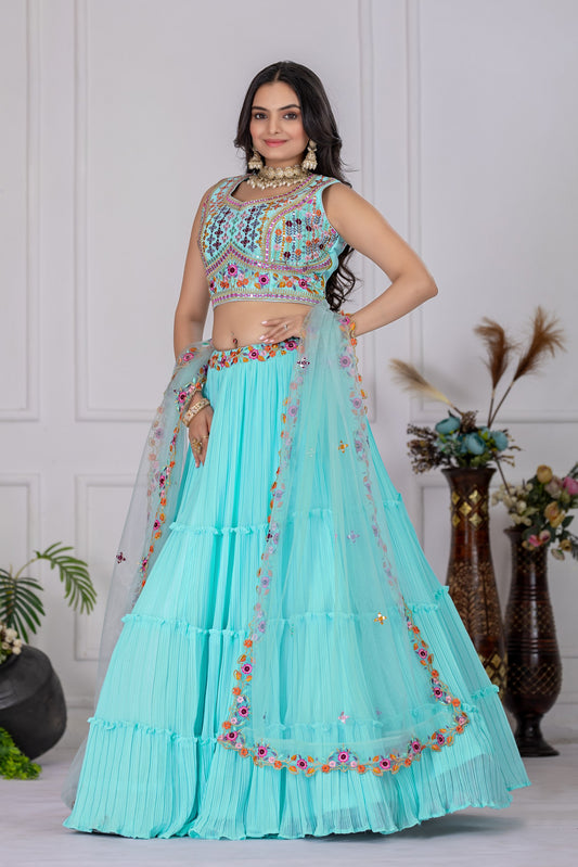 "Sky Blue Embroidered Pleated Lehenga Choli with Floral Net Dupatta for Women"