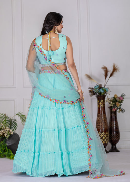 "Sky Blue Embroidered Pleated Lehenga Choli with Floral Net Dupatta for Women"