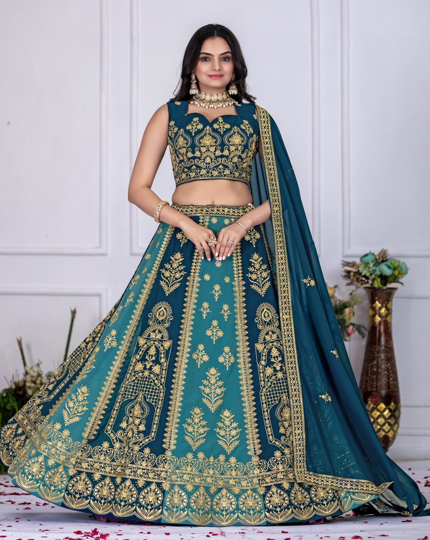Regal Peacock Teal & Navy Blue Embroidered Lehenga Choli with Dupatta