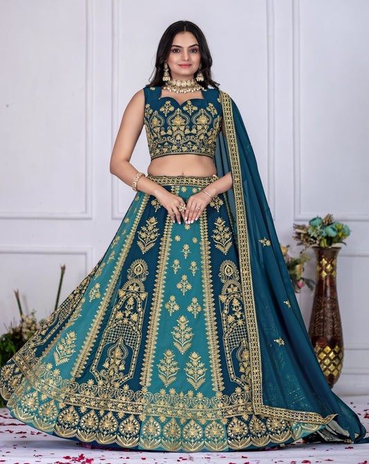 Regal Peacock Teal & Navy Blue Embroidered Lehenga Choli with Dupatta