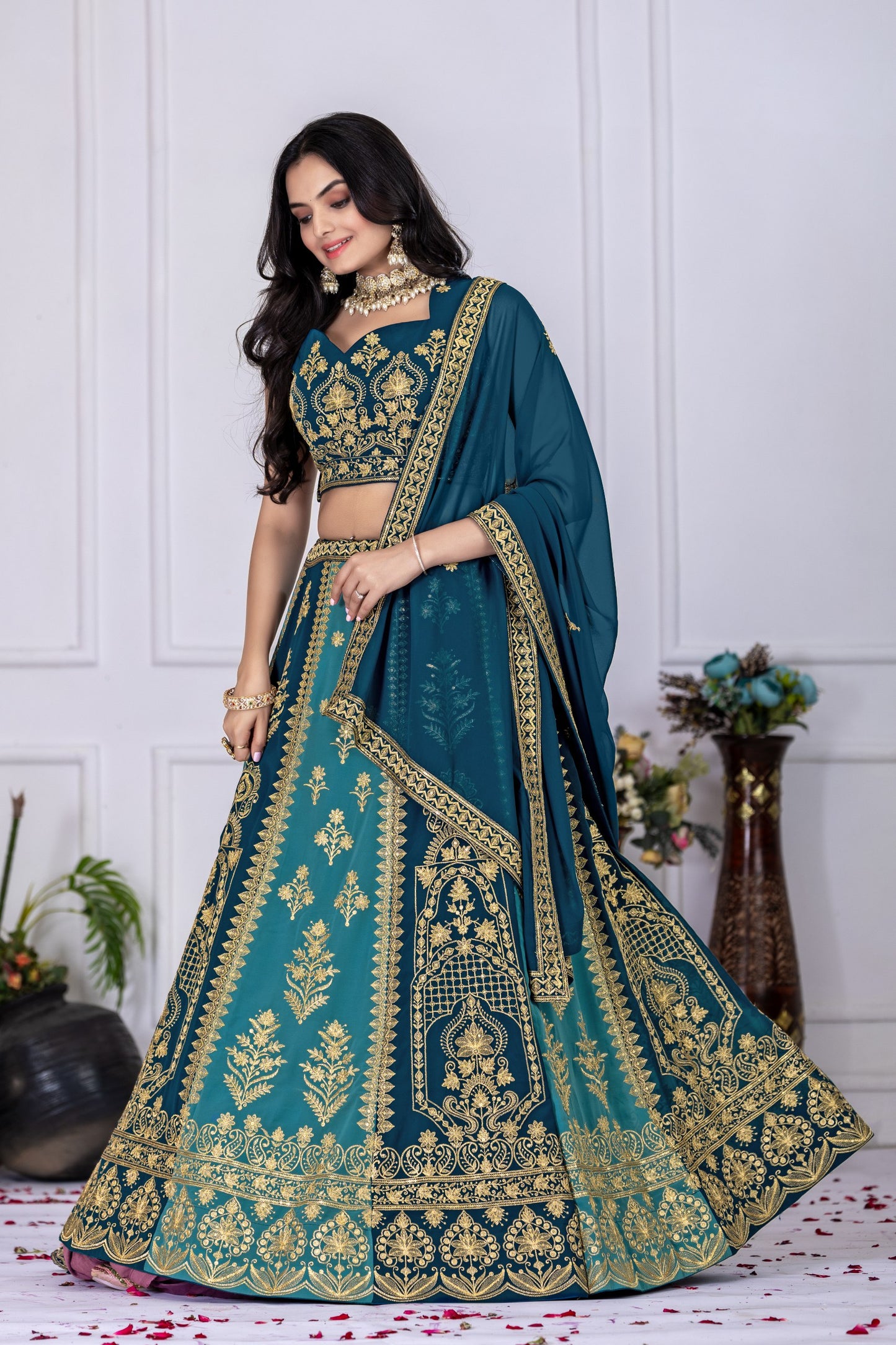 Regal Peacock Teal & Navy Blue Embroidered Lehenga Choli with Dupatta