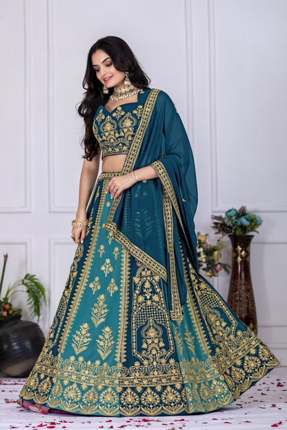 Regal Peacock Teal & Navy Blue Embroidered Lehenga Choli with Dupatta