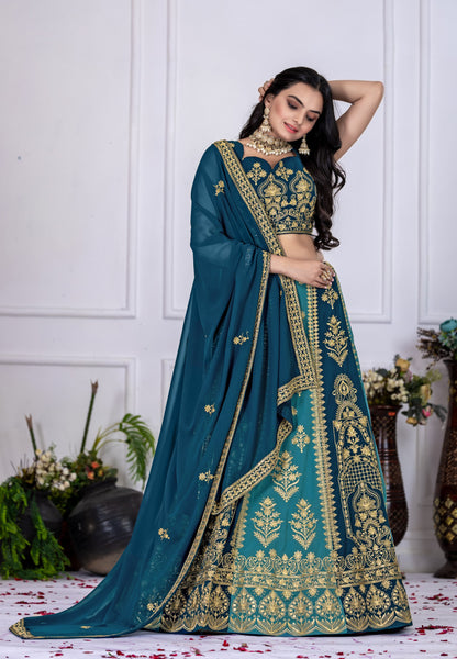 Regal Peacock Teal & Navy Blue Embroidered Lehenga Choli with Dupatta