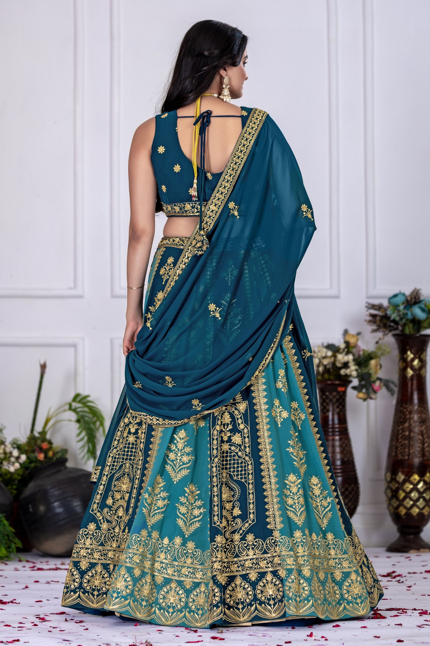 Regal Peacock Teal & Navy Blue Embroidered Lehenga Choli with Dupatta