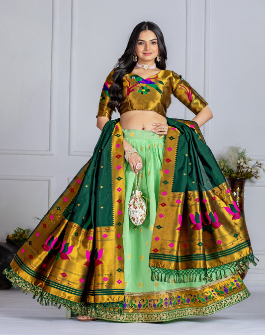 "Elegant Green & Gold Banarasi Lehenga Choli with Silk Dupatta – Traditional Festive Wear"