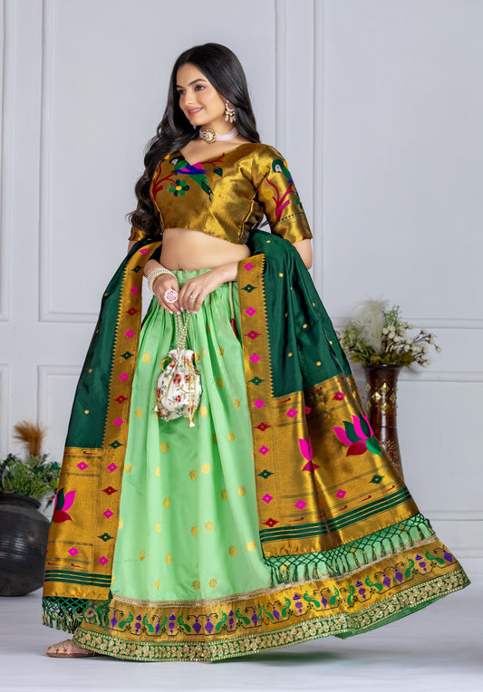 "Elegant Green & Gold Banarasi Lehenga Choli with Silk Dupatta – Traditional Festive Wear"