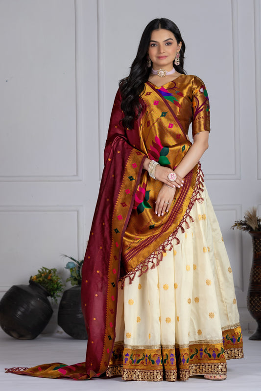 "Elegant WHITE & Gold Banarasi Lehenga Choli with Silk Dupatta – Traditional Festive Wear"